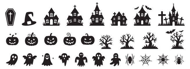 Big collection of silhouettes of Halloween. Horror set of Halloween sticker sketch set. Hand drawn doodle. Set of halloween and magic elements. Vector element Logo, Pumpkins, ghosts, skull, black cats