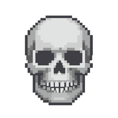 Pixel art skull in grayscale with detailed features, transparent background, isolated, vector  