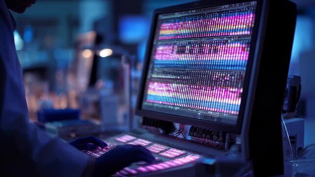 Medium shot of an automated sequencer displaying data as a scientist monitors overnight exome sequencing of newborn samples with the lab bench softly blurred behind.