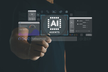 Hand interacting with virtual AI agents interface, displaying chat windows, data analytics, and command prompt, representing artificial intelligence technology, automation, digital assistant systems.