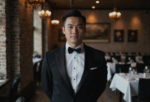 Ma&icirc;tre d' standing confidently in an elegant dining area
