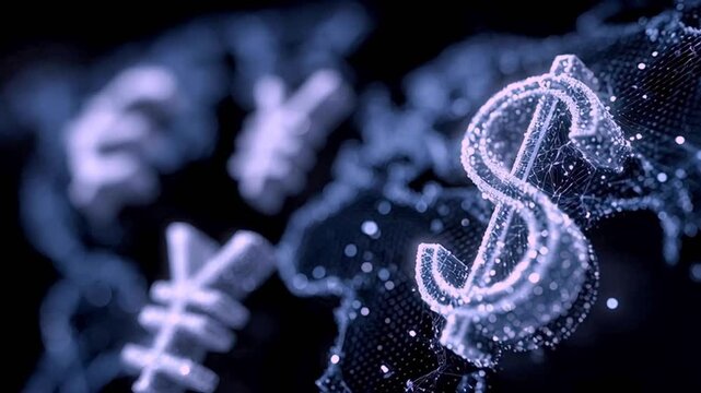 Digital world map transforming with currency symbols including euro, yen, and ruble as a ruble symbol morphs into a dollar sign with an upward trending line graph appearing - Powered by Adobe