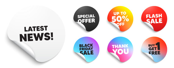 Latest news sticker tag. Special offer paper price tags. Latest news tag. Media newspaper sign. Daily information symbol. Discount, black friday sticker. Promo banner. Vector