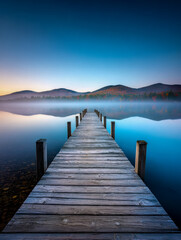 Fototapeta premium A wooden dock extends into a tranquil lake, mist curling from the surface in the warm sunrise light. Photorealistic detail captures the quiet beauty of the moment.