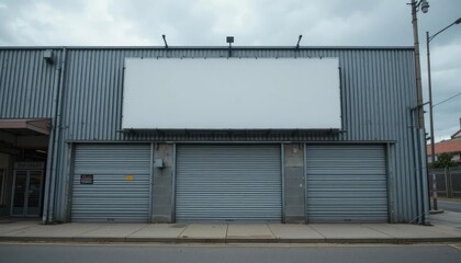 Obraz premium Blank billboard advertisement mounted on a corrugated metal building exterior.