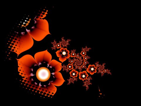 Fractal image in an oval frame with flowers on a dark background..Template with place for inserting your text.Multicolor flowers.