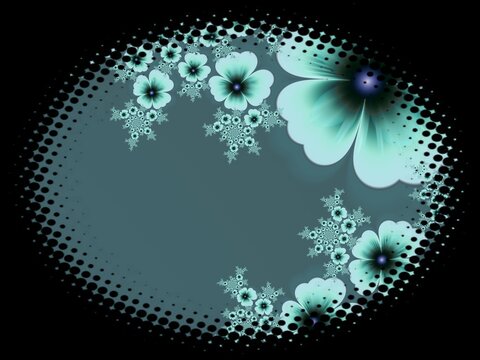 Fractal image in an oval frame with flowers on a dark background..Template with place for inserting your text.Multicolor flowers.