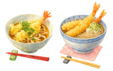 天ぷらうどんと天ぷらそばのイラスト / Illustration of Tempura Udon and Tempura Soba