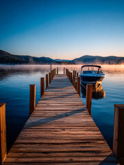 Fototapeta premium A tranquil wooden dock stretches into a still lake at sunrise, mist rising gently. A moored boat rests peacefully, bathed in soft early light. 