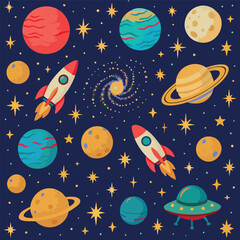 Obraz premium Space Rocket Science Spaceship Astronaut Planets Galaxy Solar System Universe Print Design in Vector
