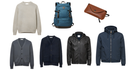 LIFESTYLE - Collection of various men's jackets, sweaters, hoodies, backpack and leather pouch for casual and outdoor use
