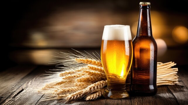Enjoy a selection of cold beers showcasing golden hues, accompanied by wheat stalks, perfect for celebrating national beer lover’s day with friends and family - Powered by Adobe
