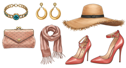 LIFESTYLE - Fashion accessories collection featuring pink high heels, straw hat, scarf, clutch purse, gold earrings, and bracelet with blue gemstone