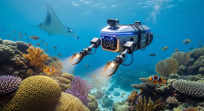 Advanced underwater drone with illuminated arms explores a vibrant coral reef.