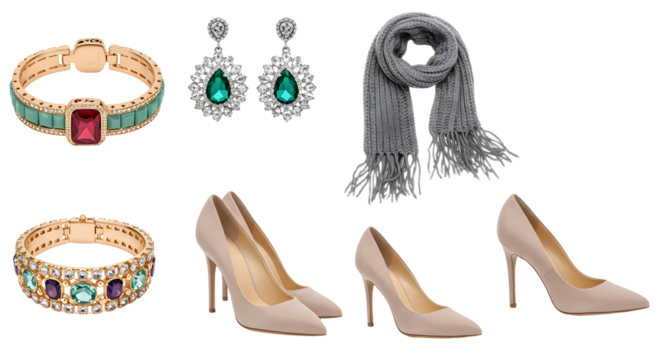 LIFESTYLE - Elegant women's fashion accessories including gemstone rings, emerald earrings, beige high heel shoes, and a gray fringed scarf on white background