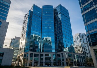 Fototapeta premium Modern Office Towers Gleaming Under the Sun's Rays Architecture Reflecting the Sky in a Contemporary Urban Landscape