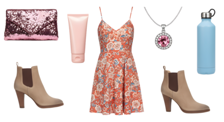 LIFESTYLE - Floral summer dress with beige ankle boots, pink sequin clutch, cream lotion tube, pink pendant necklace, and blue water bottle fashion flat lay
