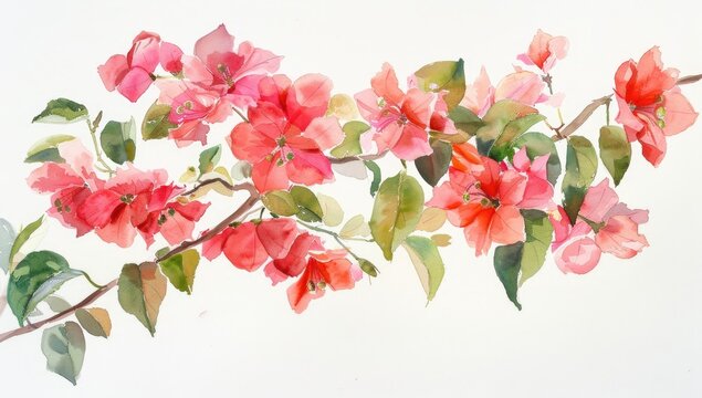 Watercolor bougainvillea branch, outdoors, vibrant blossoms,  background, floral art print