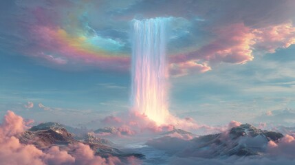 Fototapeta premium Towering floating waterfall flowing upward into sky glowing rainbow mist surrounding it dreamlike fantasy setting