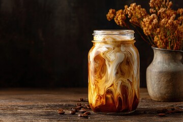 Iced coffee drink in mason jar, swirls of cream and coffee