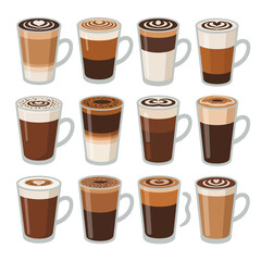 Collection of various layered coffee drinks in clear glasses and mugs