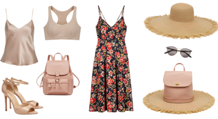 LIFESTYLE - Stylish women's summer outfit collection featuring floral dress, satin camisole, beige heels, pink backpack, sun hat, sunglasses, and nude bra