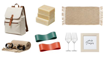 LIFESTYLE - Travel essentials flat lay with backpack, soap bars, beach towels, swim goggles, resistance bands, wine glasses, and framed inspiring quote on white background