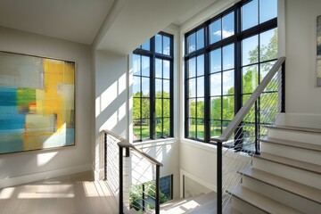 Obraz premium Sunlight streams through large, black-framed windows in a light-filled hallway, highlighting a modern staircase