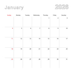 Simple wall calendar for January 2026 with dotted lines. The calendar is in English, week start from Sunday.