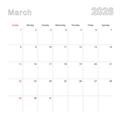 Simple wall calendar for March 2026 with dotted lines. The calendar is in English, week start from Sunday.