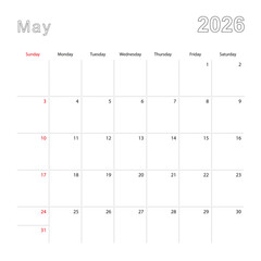 Simple wall calendar for May 2026 with dotted lines. The calendar is in English, week start from Sunday.