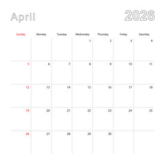 Simple wall calendar for April 2026 with dotted lines. The calendar is in English, week start from Sunday.