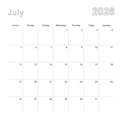 Simple wall calendar for July 2026 with dotted lines. The calendar is in English, week start from Sunday.