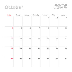 Simple wall calendar for October 2026 with dotted lines. The calendar is in English, week start from Sunday.