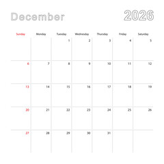 Simple wall calendar for December 2026 with dotted lines. The calendar is in English, week start from Sunday.