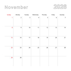 Simple wall calendar for November 2026 with dotted lines. The calendar is in English, week start from Sunday.