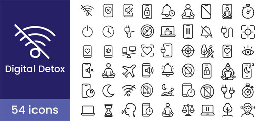 Digital Detox Icon Set with Line symbols for Mindfulness and Wellness, helping to Unplug, Disconnect and find Offline Balance.

