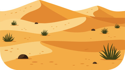 Desert landscape with sand dunes and scattered shrubs in natural arid environment vector illustration 