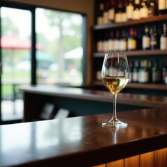 Fototapeta premium A half-full glass of white wine rests on a polished bar top in a wine store, counter, still life, white wine