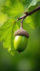 A vibrant green acorn hangs from an oak branch against a backdrop of summer leaves , botany, countryside, autumn