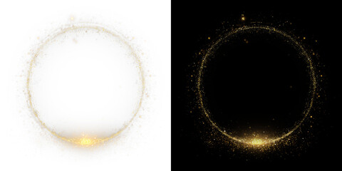 Golden light spiral with space aura and glowing sparkles. Shiny round frame with glitter and bokeh effect. Isolated PNG for overlay and decoration