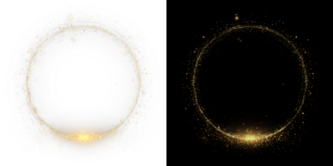 Golden light spiral with space aura and glowing sparkles. Shiny round frame with glitter and bokeh effect. Isolated PNG for overlay and decoration