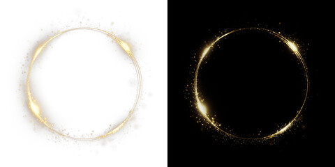 Golden light spiral with space aura and glowing sparkles. Shiny round frame with glitter and bokeh effect. Isolated PNG for overlay and decoration
