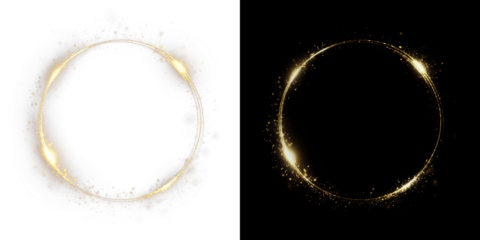 Golden light spiral with space aura and glowing sparkles. Shiny round frame with glitter and bokeh effect. Isolated PNG for overlay and decoration