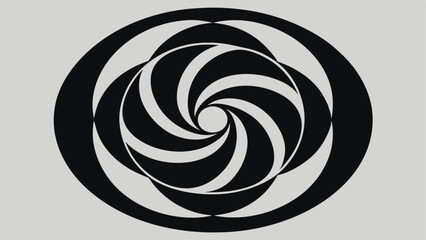Abstract black and white spiraling geometric design with concentric circles on light background