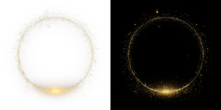 Golden light spiral with space aura and glowing sparkles. Shiny round frame with glitter and bokeh effect. Isolated PNG for overlay and decoration