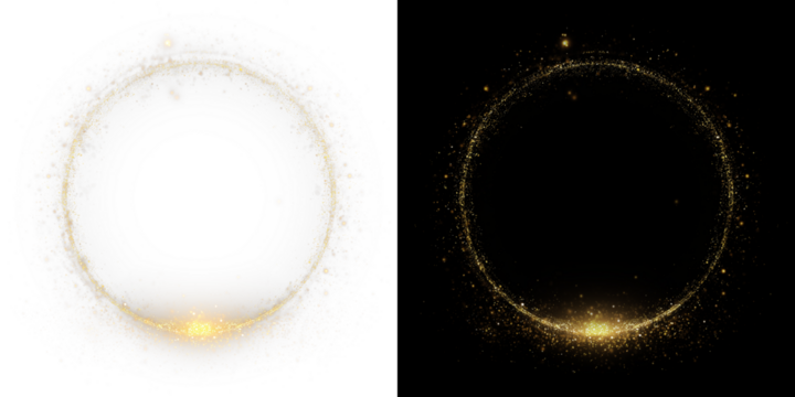 Golden light spiral with space aura and glowing sparkles. Shiny round frame with glitter and bokeh effect. Isolated PNG for overlay and decoration