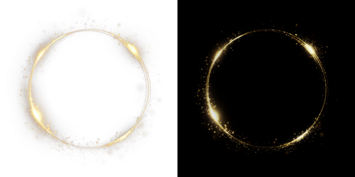 Golden light spiral with space aura and glowing sparkles. Shiny round frame with glitter and bokeh effect. Isolated PNG for overlay and decoration