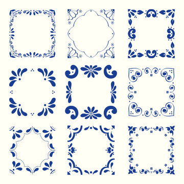 Decorative blue and white tile frames collection for various purposes