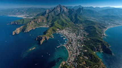 Aerial view of kemer, turkey, with mountains and mediterranean coastline on a sunny day